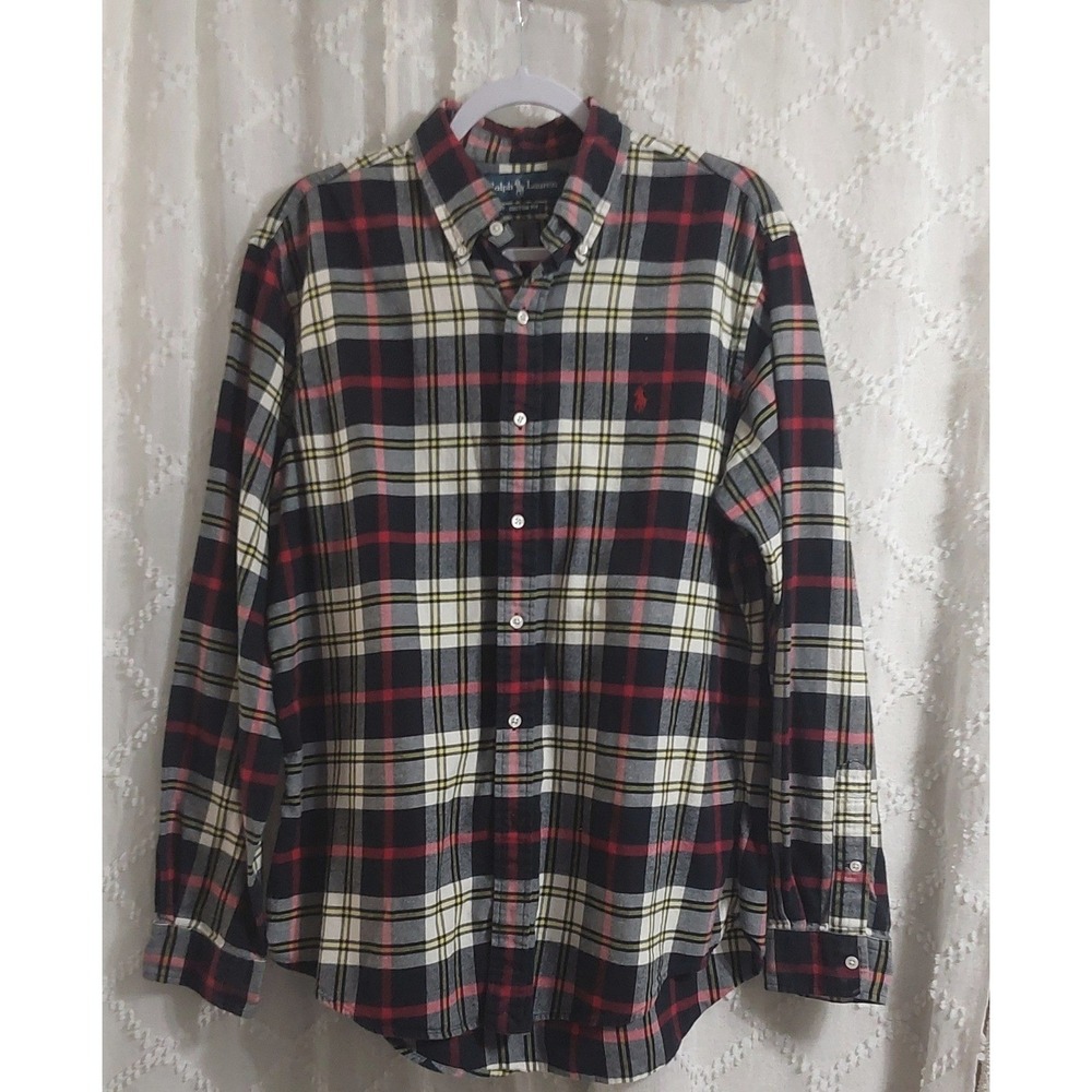 Ralph Lauren Mens Custom Fit Plaid Button Down Shirt Large Red Navy Yellow